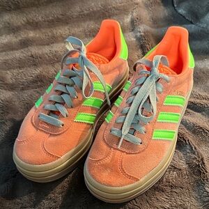 Adidas Gazelle Bold Orange and Neon Green Suede Sneakers Sz 5.5